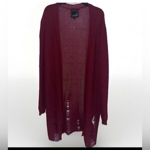 Lily & Lottie Burgundy Open-Front Boho Sweater Cardigan Distressed